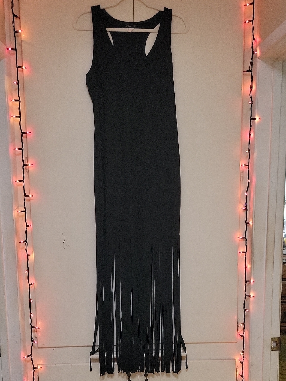 VENUS Black Sleeveless Maxi Dress with Fringe Hem